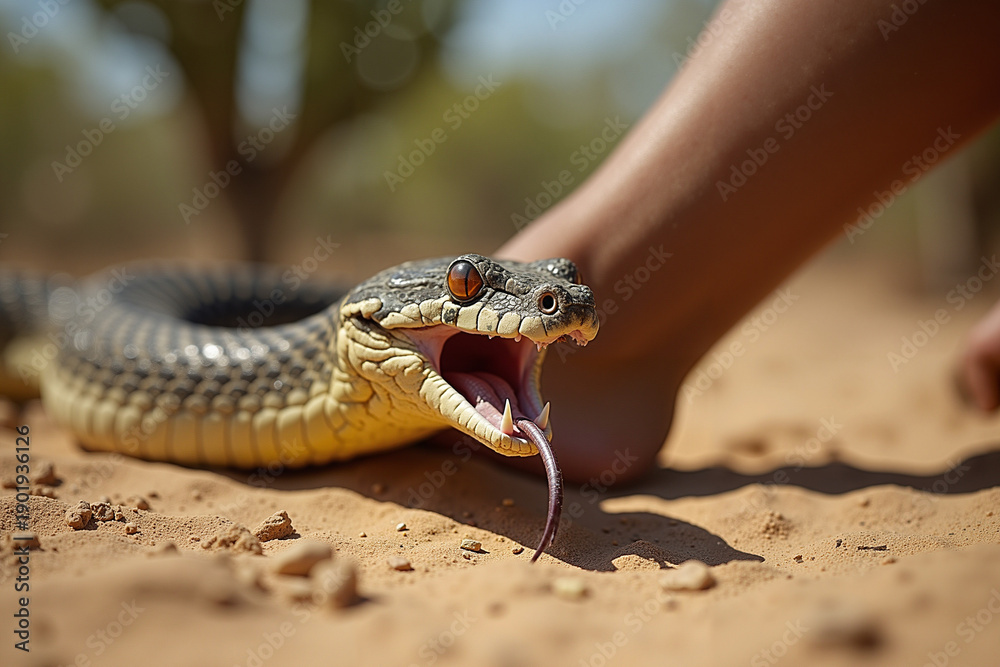 Fototapeta premium Snake with open mouth near a human foot on sandy ground 