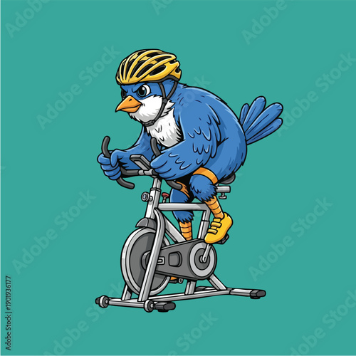 Blue bird in yellow helmet cycling on stationary bike.