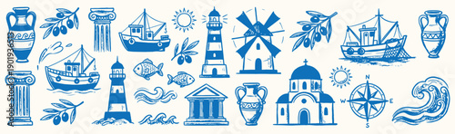 Greek summer holiday set includes ancient columns, lighthouses, and olive branches in a blue ink style.