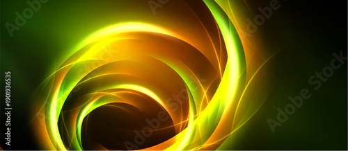 Bright swirling lines create dynamic energy. Vivid green blends into orange, yellow hues. Abstract design evokes movement, light.
