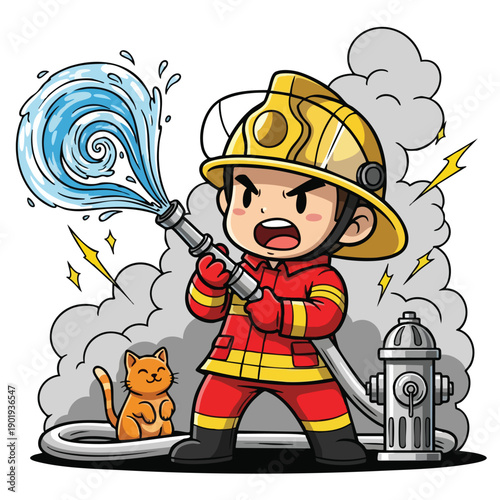Brave cartoon firefighter battling blaze with hose and water.