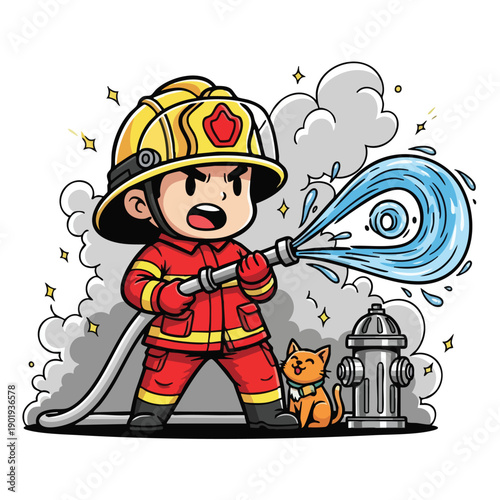 Brave cartoon firefighter with hose and cat.