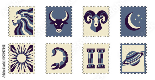 Minimalist Geometric Zodiac Symbols Postage Stamp Collection for Celestial Astrology and Mystical Stationery Design