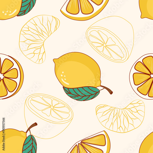 Fresh lemon seamless pattern with citrus slices and bright yellow tones.