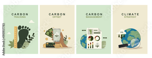 Set of flat eco icons illustrating carbon tracking, offset, management and climate strategy concepts, ideal for sustainability reports and green business communication. Vector illustration