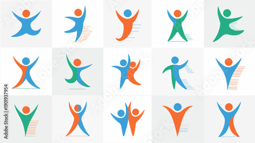 Joyful Icons: A vibrant collection of abstract human figures in various poses, exuding happiness and energy. The dynamic designs celebrate the essence of life.