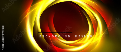 Abstract design features concentric glowing circles. Red, yellow hues create dynamic visual impact. Dark background emphasizes luminosity.