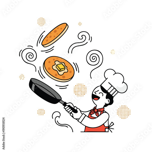 Chef skillfully flips pancakes in a dynamic cooking illustration.