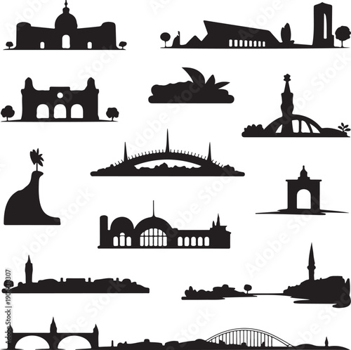 Collection of city skylines and famous landmarks in silhouette