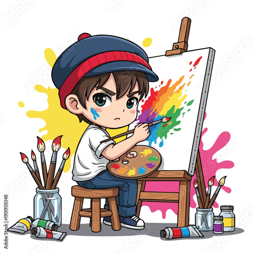 Chibi boy artist painting a vibrant masterpiece on an easel.