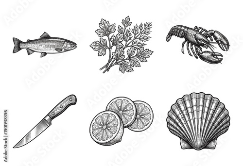 Vintage engraving collection of seafood and culinary ingredients featuring trout, lobster, scallop, parsley, lemons, and a kitchen knife in a woodcut line art style.