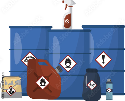 Industrial hazardous chemical barrels and containers with safety pictograms, illustrating toxic, flammable and corrosive waste storage and warning concept. Hazardous waste concept. Vector illustration