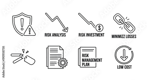 Risk management icons depicting analysis investment and minimizing financial losses