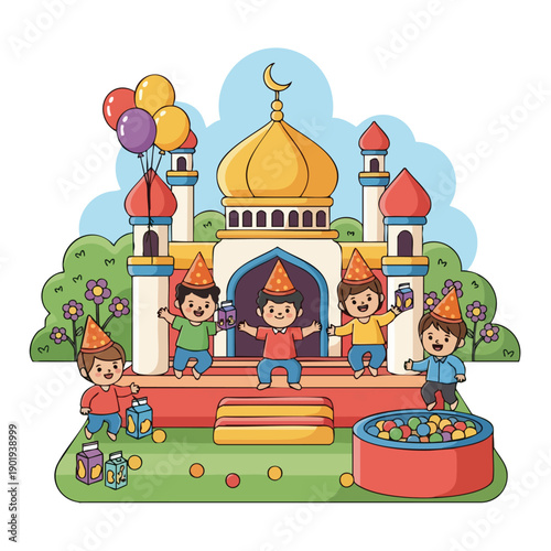 Children playing in a bouncy castle shaped like a mosque.