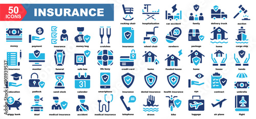 insurance icon collection set.rocking chair,hospitalization,car accident,family,delivery truck,auction,money.Simple vector illustration.