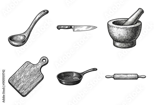 Vintage hand drawn kitchen utensils set featuring rustic culinary tools in woodcut engraving style