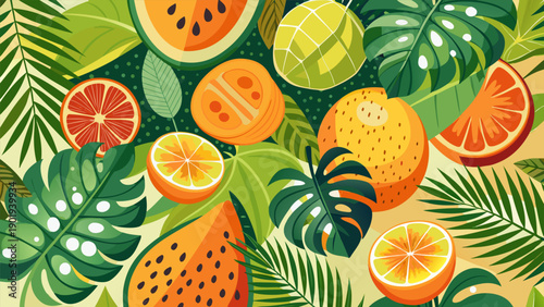 A decorative pattern of assorted tropical fruits surrounded by green palm leaves on a bright backdrop..eps