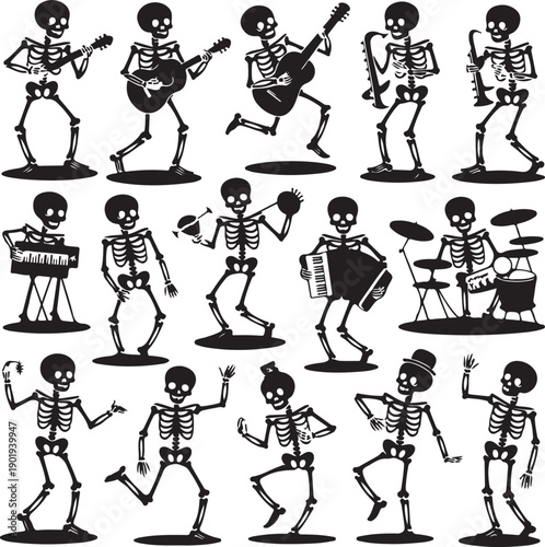 Collection of skeleton illustrations playing musical instruments and dancing