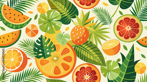 A vibrant pattern featuring tropical fruits and palm leaves against a colorful background..eps