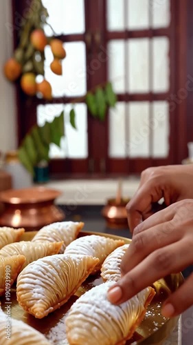 Hand placing golden-brown gujiya pastries on a copper tray near a window with hanging oranges — festive Diwali or Holi sweet preparation