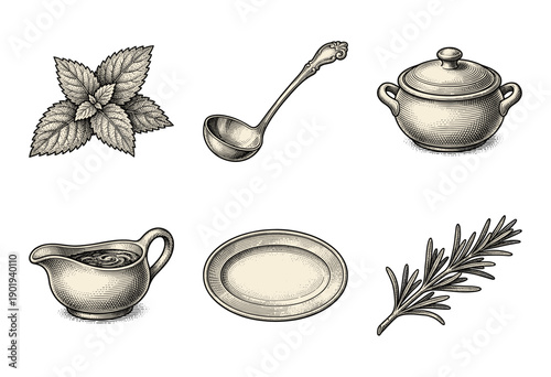 Collection of vintage culinary illustrations featuring kitchenware and aromatic herbs in a detailed woodcut engraving style.