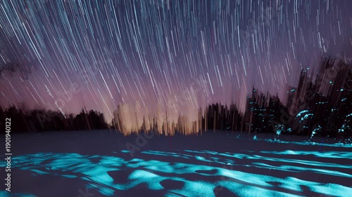 Aurora over forest. Calm night timelapse with northern lights.