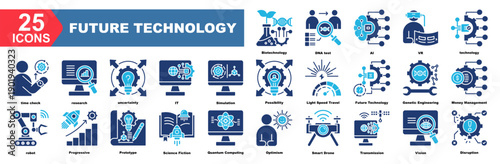 future technology icon collection set.Biotechnology,DNA test,AI,VR,technology,time check,research.Simple vector illustration.
