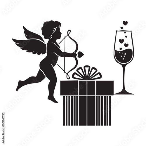 Cupid with bow and arrow, gift box and champagne glass with hearts, valentine day concept