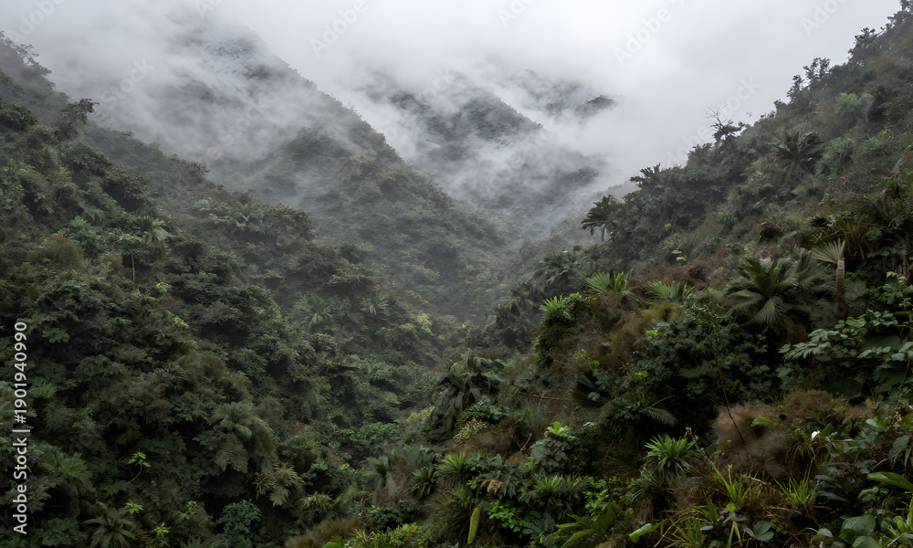 Obraz premium Misty Valley in Rainforest