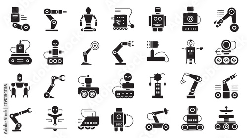 Robotics Icons Set with Industrial Robots and Machinery