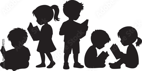 Silhouettes of children reading books in different positions