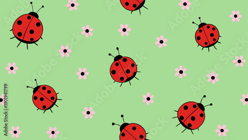 Ladybugs and pink flowers on green background
