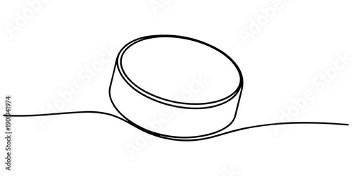 hockey puck continuous one line drawing, Minimalist black and white drawing of a hockey puck with curved line. No editable stroke,  simple, hand drawn and sketch style. for icons, symbols, signs pro.
