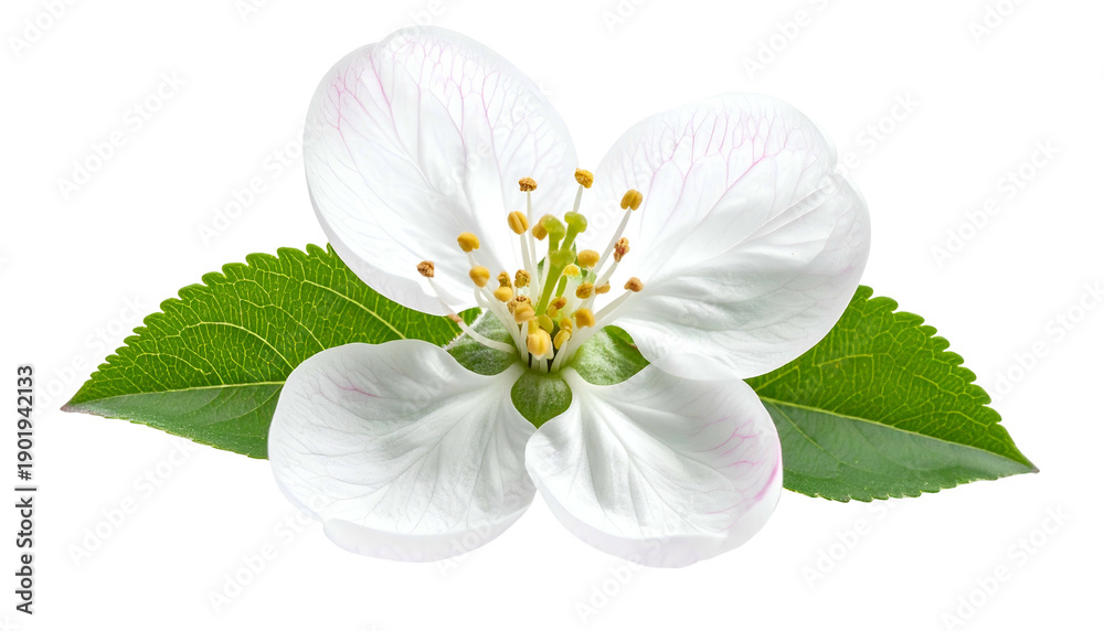 Fototapeta premium Isolated close-up of a delicate white flower with green leaves and a black background