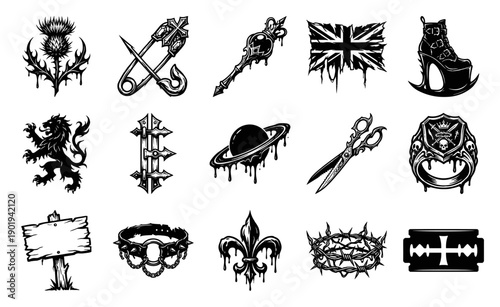 Dark Gothic Engraving Punk Subculture Graphic Asset Sheet for Alternative Apparel and Tattoo Design