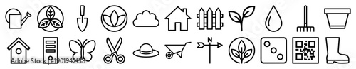 Gardening and outdoor hobby line icon set. Vector pictograms of watering can, trowel, fence, sprout, pot, birdhouse, rake, and wheelbarrow, thin outline illustration.