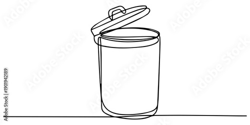 metal trash can continuous one line drawing, One line drawing of a trash can filled with crumpled paper, one continuous line drawing of a tall plastic trash can with a lid for waste management and pro