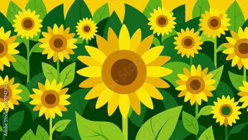 Illustration of sunflowers and green leaves