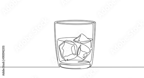 Line drawing of a glass filled with ice cubes isolated on a transparent background with a minimalistic design and clear outlines showcasing a refreshing beverage