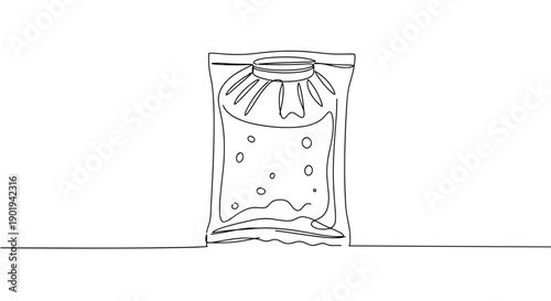 Line drawing of a snack bag filled with crisps on a transparent background with open top showing snacks spilling out in an artistic sketch style