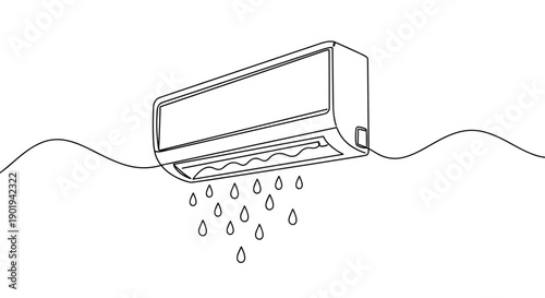 Line drawing of air conditioning unit dripping water in indoor setting on transparent background