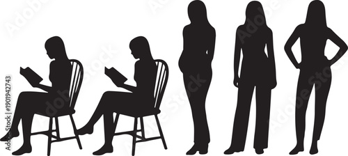 Silhouettes of five women in various poses on white background