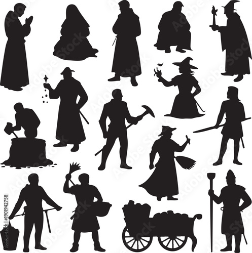 medieval people silhouettes on white background
