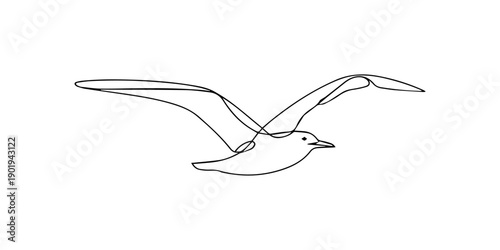 Seagulls Flying Against continuous one line drawing, Elegant minimalist line art illustration of a seagull in soaring flight motion on a pristine white, Continuous line art drawing of a flying bird.