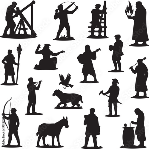 medieval people and animals silhouettes