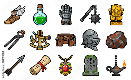 Pixel Art Medieval Fantasy RPG Item Asset Sheet for Retro Video Game Interface Design