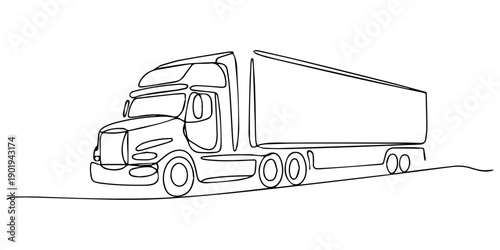 Semi Truck One Line Sketch. Side view illustration of a logistics truck with a trailer, continuous line of american trailer truck with chimney pipe.one line drawing vector of american semi truck. pro.