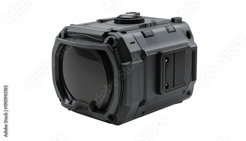 Dark, rugged rectangular device with a large lens and small side panels, angled shot