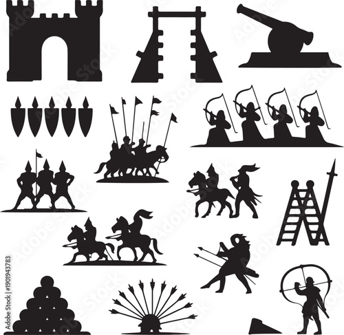 medieval warfare silhouettes including castles and soldiers on horseback fighting with bows and arrows