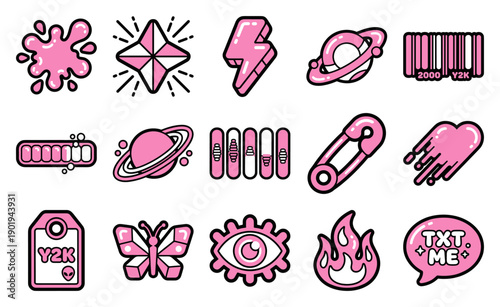 Cyber Y2K Aesthetic Pink Bold Line Vector Element Kit for Nostalgic Digital Design and Streetwear